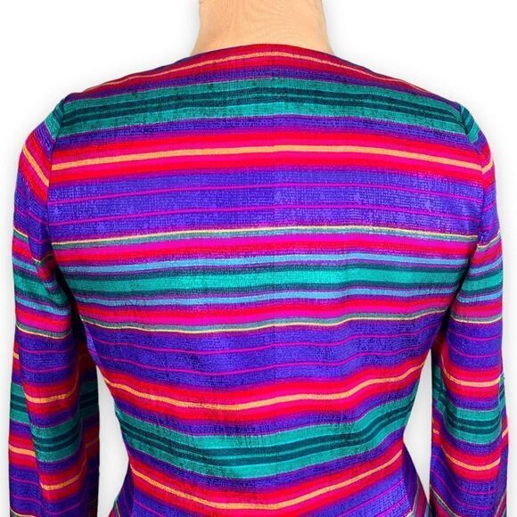 Vintage Adrianna Papell Jacket Collarless Hourglass Blazer Silk Rainbow Stripe - Picture 2 of 11